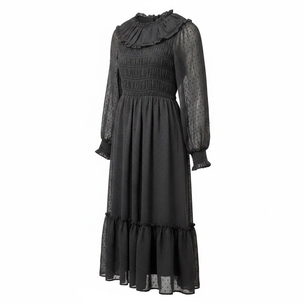 Downeast Black Swiss Dot Smocked Midi Dress Womens Small Prairie Cottagecore